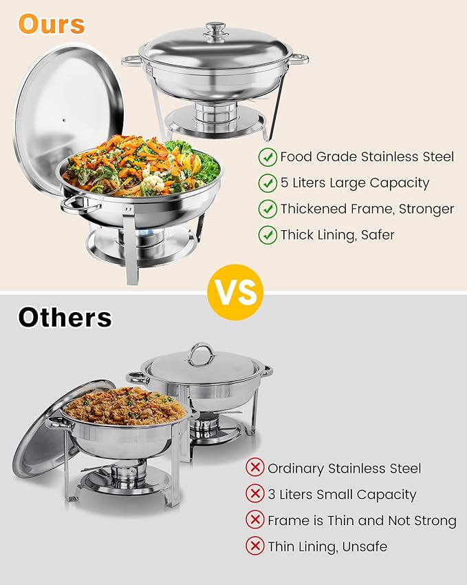 Chafing Dish for Buffet, 5 QT Round Chafing Dishes Buffet Set w/Lid Holder, Stainless Steel Chafers and Food Warmers With Spoon and Tweezers for Parties, Weddings (Silver, 6 Pack)