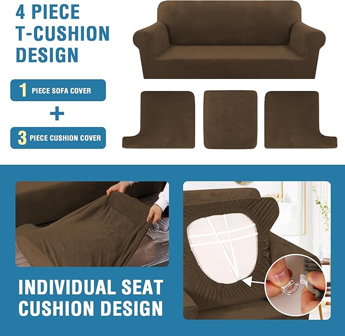 H.VERSAILTEX Sofa Cover 4 Piece T Cushion Sofa Slipcovers Thick Velvet Couch Cover Stretch T Cushion Sofa Covers for 3 Cushion Couch with 3 Individual T Cushion Covers, Bronze Brown