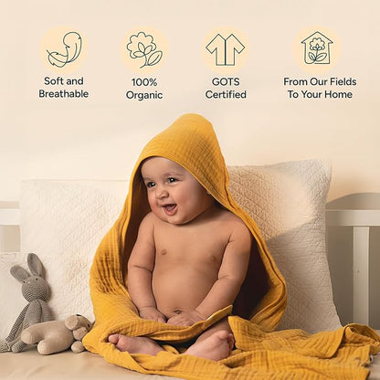 Hands-Free Hooded Towel - 100% Organic Premium Muslin Cotton, 30" x 30", Ultra-Absorbent, Soft, Breathable, Hypoallergenic, Multipurpose, Gifts for Babies & Infants, Pack of 2