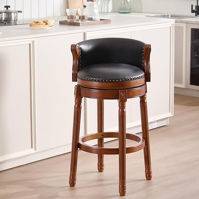 CozyRain Bar Stools Rubber Wood Counter Height Bar Stool Leather Upholstered Swivel Barstools with Back & Footrest for Home,Kitchen,Counter,Dining Room (Black, Seat Height 29.5 in)