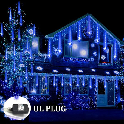 Weepong Meteor Shower Lights Outdoor Christmas Lights UL Certified Falling Rain Drop Snowfall Icicle Cascading String Light for Xmas Holiday Tree Wedding Party Garden Decor Blue, 12 Inch 8 Tubes