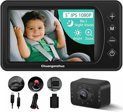 5'' Baby Car Camera with NO.1 Night Vision, USB Powered, Mirror/Normal Mode, 1080P IPS Crystal-Clear Car Baby Monitor With Brightness Setting & 3X Zoom, infant Backseat Camera, S100U, 5inch Black