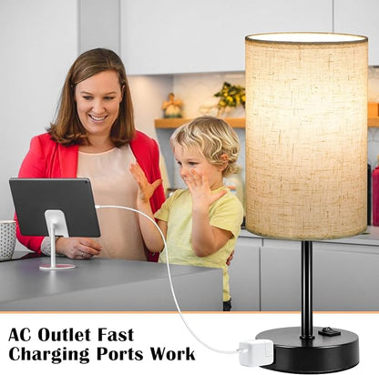 ZJOJO Table Lamp for Bedroom Set of 2, Bedside Small Lamps with 3 Way Dimmable Rocker Switch and AC Outlet, Nightstand Desk Lamp with Flaxen Fabric Shade Black Base for Living Room Home Decor Lights
