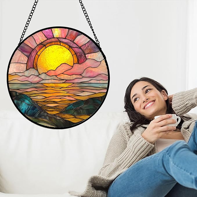 Stained Glass Window Hanging, Sunrise Over The Sea Suncatcher Diamond Glass Panel Hangings Abstract Sun Catchers Decor for Birthday for Women, Men, Wife, Aunt, and Mom 14.9 in