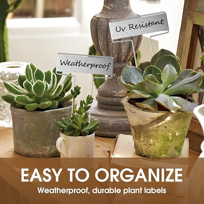 25PCS Silver Metal Plant Tags Plant Labels with 50Pcs Labels, Rainproof PET Film & 2 Permanent Pen, 10.1 inch Weatherproof Banner Garden Markers, Marking Protection Seedling Signs Nursery Tags