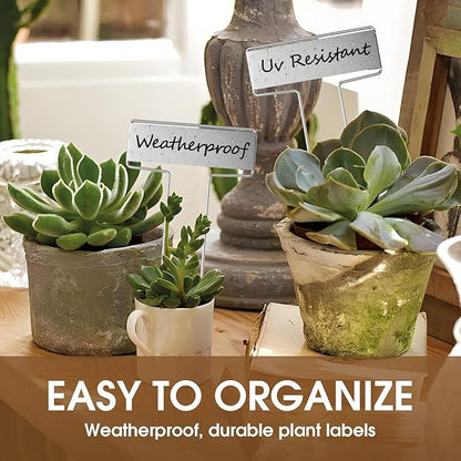 25PCS Silver Metal Plant Tags Plant Labels with 50Pcs Labels, Rainproof PET Film & 2 Permanent Pen, 10.1 inch Weatherproof Banner Garden Markers, Marking Protection Seedling Signs Nursery Tags