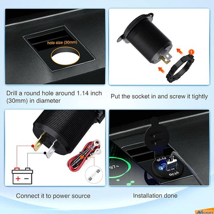 Nilight Dual USB Socket PD Type C and QC3.0 12V 24V Car Outlet ON Off Touch Switch Fused Wire Kit for Cars Trucks RVs Campers