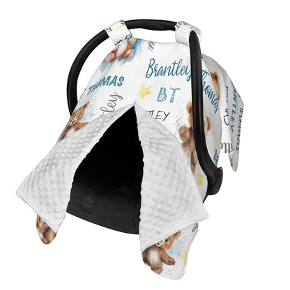 Personalized Baby Car Seat Cover Winter Custom Minky Carseat Cover Boy Girls with Name Bear Carseat Canopy Customized Car Seat Canopy Infant Carrier Covers Nursing Cover Toddler Blanket