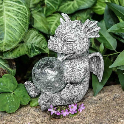 Garden Dragon Statue Solar Powered Outdoor Figurine Light Decor Cute and Hold Glowing Glass Ball Resin Sculpture Home Decoration for Porch Patio Lawn Farm Yard Housewarming Ornament Gift