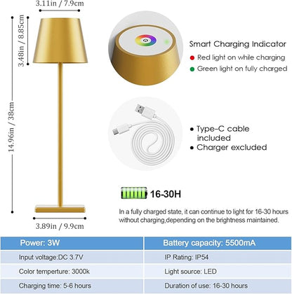 2-Pack LED Cordless Table Lamp with RGB & Stepless Dimming, 3W 5000mAh Rechargeable Desk Lamps Battery Operated Table Light Stepless Dimmable Portable Table Lamp for Table/Bedroom/Outdoor (Gold)