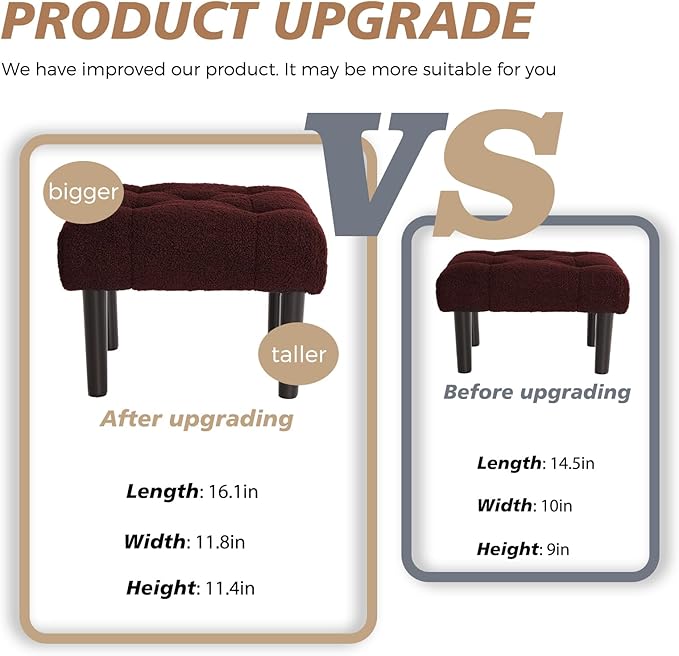 HOUCHICS Fur Padded Foot Stool, Small Ottoman Foot Rest with Wooden Legs,Modern Rectangle Chair Foot Rest Foot Step Stool for Living Room, Couch, Desk（Wine Red