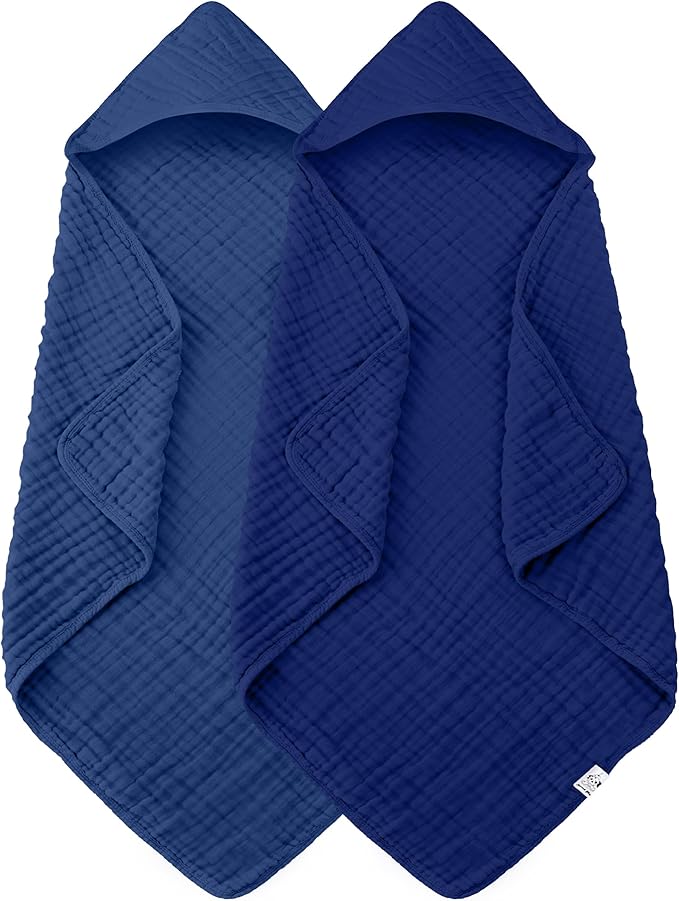 Spotted Play 2 Pack Hooded Baby Towels - 100% Muslin Cotton for Newborns, Infants, Toddlers - Large 32x32 Inch Size - Highly Absorbent and Essential for Newborn Care, Deep Navy
