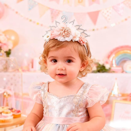 cherrboll Flower Headband Birthday Crown for Girl, Floral Nylon Hairband for 1-3 Years Old Toddler, 2nd Birthday Party Dress Photo Decoration Hair Accessory