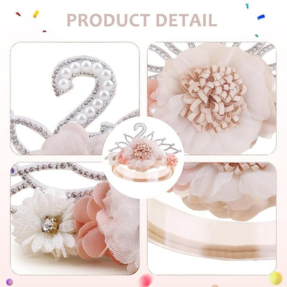 cherrboll Flower Headband Birthday Crown for Girl, Floral Nylon Hairband for 1-3 Years Old Toddler, 2nd Birthday Party Dress Photo Decoration Hair Accessory