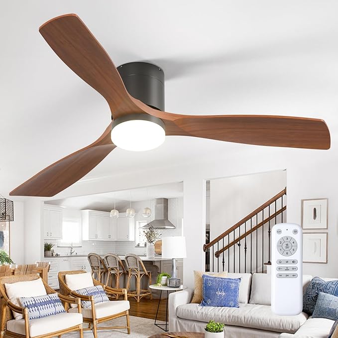 addlon 52 inch Ceiling Fans with Lights, Low Profile Ceiling Fan with Light and Remote Control, Flush Mount, Reversible, 3 Wood Blades, 3CCT Dimmable, Black Walnut Ceiling Fan for Indoor/Outdoor Use
