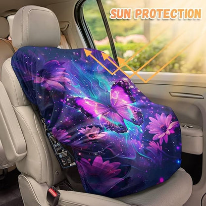 XYZCANDO Butterfly Print Carseat Cover for Baby Girl Purple Baby Car Seat Sun Shade Cover Easy to Install Car Seat Sun Protection for Toddler Univiersal Car Seat Covers for Babies Gift for Friends