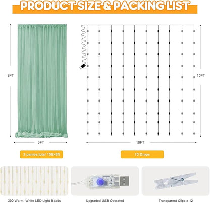 Fomcet Tulle Curtains with Lights String Green 10FT X 8FT Sheer Backdrop Curtains for Parties Wedding Baby Shower Photo Shoot Decorations (2 Panels 5x8FT)