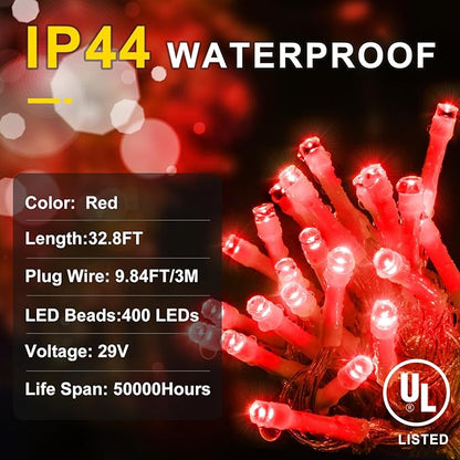 KNONEW Christmas Lights Outdoor Decorations 400 LED 33ft 8 Modes Curtain Fairy String Light with 75 Drops, Clear Wire LED Hanging Light Decor for Wedding Party Holiday Christmas Decorations (Red)