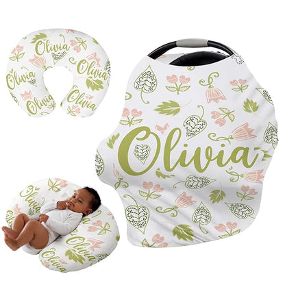 Personalised Car Seat Cover for Babies - Multi-use Carseat Canopy Cover with Name, Car Seat Covers, Christmas Birthday Gifts for Infant Boys and Girls Light Green Flower