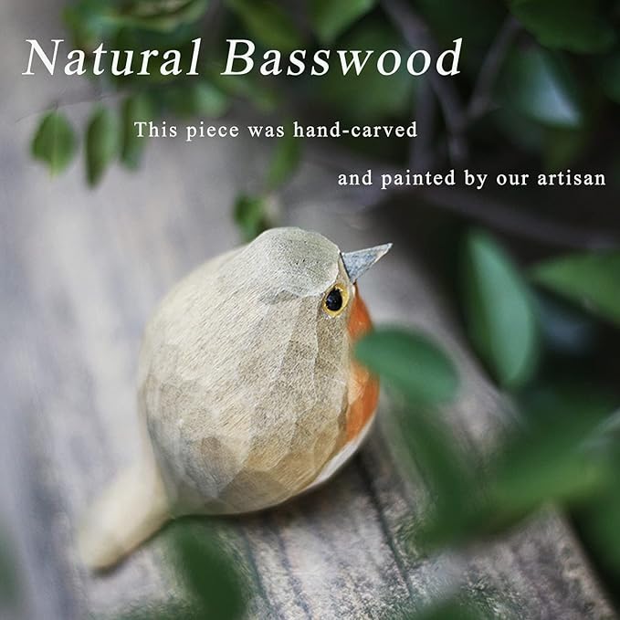 Handmade Wooden Carved Bird Decor Sculpted Hand-Painted Bird Figurines Small Home Decor Bird Statue Shelf Decor BFF Gifts for Bird Lovers (Robin)