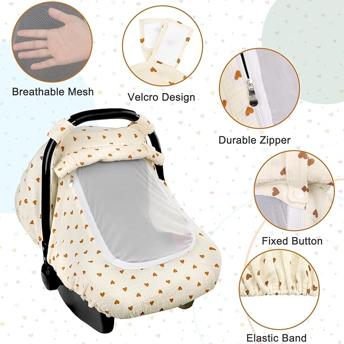 Hooyax Muslin Car Seat Cover Baby, Summer Car Seat Covers for Babies, Infants, and Newborns, Ultra Soft Breathable Universal Fit Stroller Carseat Canopy Covers for Boys Girls (Heart)