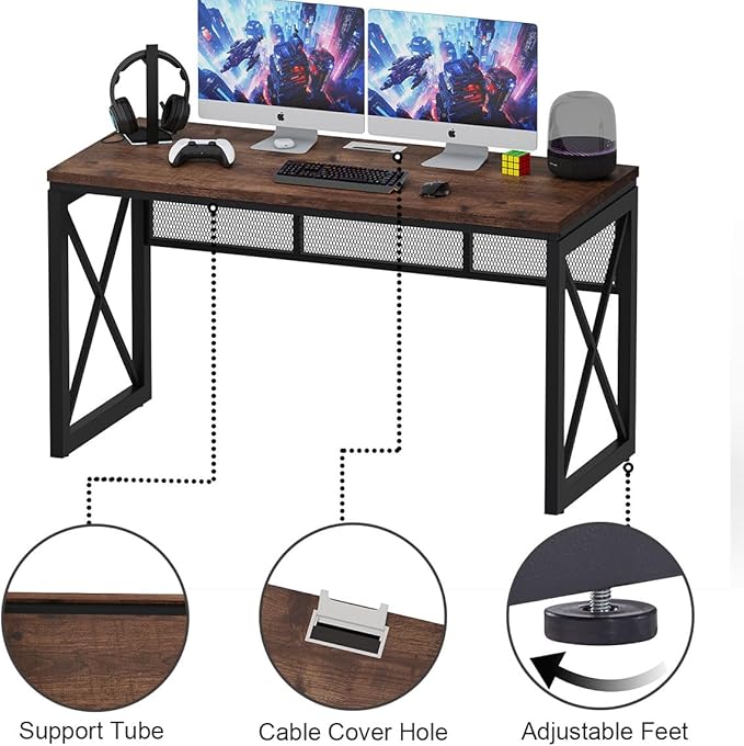BON AUGURE Farmhouse Computer Desk, Modern Industrial Home Office Desks, Wood Metal Study Writing Table, Sturdy Gaming Desk (Rustic Oak, 54 Inch)