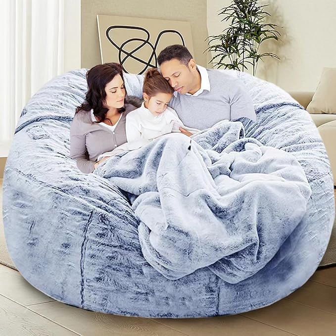 Bean Bag Chair for Adults Kids Without Filling Comfy Oversized Round Lazy Sofa Bean Bag Cover for Stuffed Animal Storage Bedroom Living Room Chairs, 6FT, Silver Blue