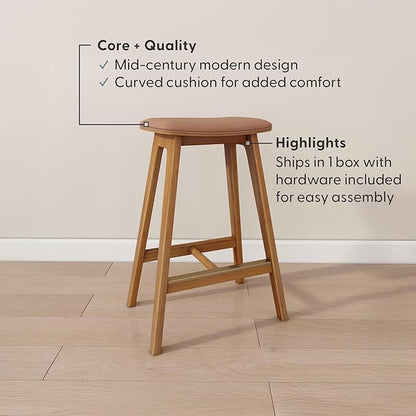 Plank+Beam Beryl Counter Height Stool - Mid-Century Modern Rubberwood Bar Stool with Faux Leather Seat, Metal Footrest, Easy Assembly, Pecan/Toffee