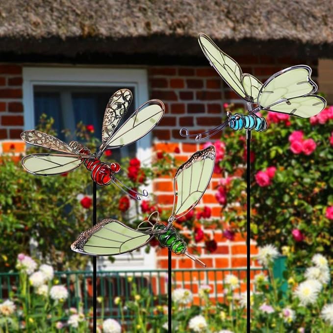 Juegoal 20 Inch Butterfly Garden Stakes Decor, Dragonfly Stakes, Hummingbird Glow in Dark Metal Yard Art for Mom, Mothers Day Ideal Gifts, Indoor Outdoor Lawn Pathway Patio Ornaments, Set of 3