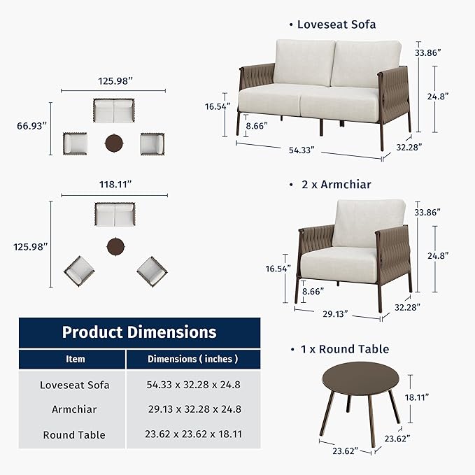 EAST OAK 4-Piece Patio Furniture Set | Life Chatter Outdoor Furniture | Coffee Table & Deep Seating Conversation Set with Thick Cushions | Porch, Balcony & Backyard | Chestnut & Apricot