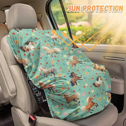 Car Seat Sun Shade Cover, Portable Car Seat Cover Baby Trend Car Seat Protector, Easy Installation for Baby & Kids, Horse Green