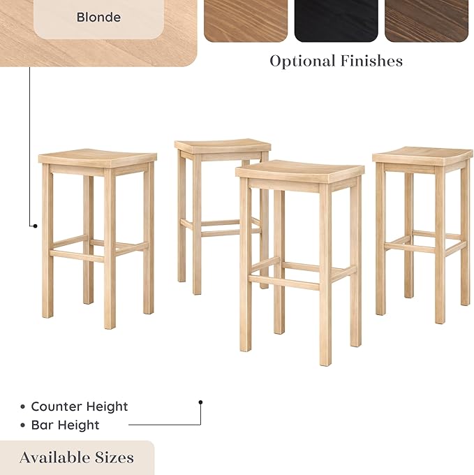 Grain & Grove Smith Collection Set of 4 Solid Wood Bar Stools, 30 inch Saddle-Seat Bar Chairs, Backless, Heavy-Duty Construction, Footrest Support, for Kitchen Islands, Home Bars, and Counters, Blonde