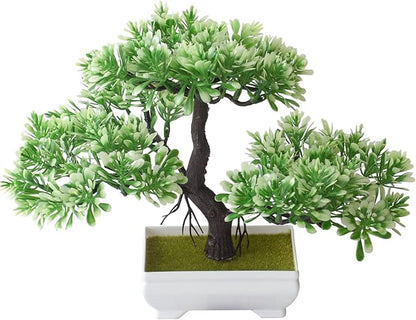 Mini Artificial Bonsai Tree Fake Plants - Artificial Plant Welcome Pine Treewith Plastic Cement Pots for Home Office Décor (White)