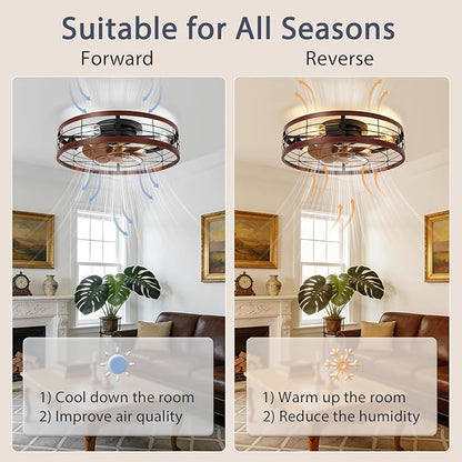 VOLISUN Farmhouse Caged Ceiling Fans with Lights Flush Mount, 19.7'' Rustic Low Profile Ceiling Fan with Light and Remote, Bladeless Fandelier Ceiling Fans with Lights for Kitchen, Bedroom(Wood)