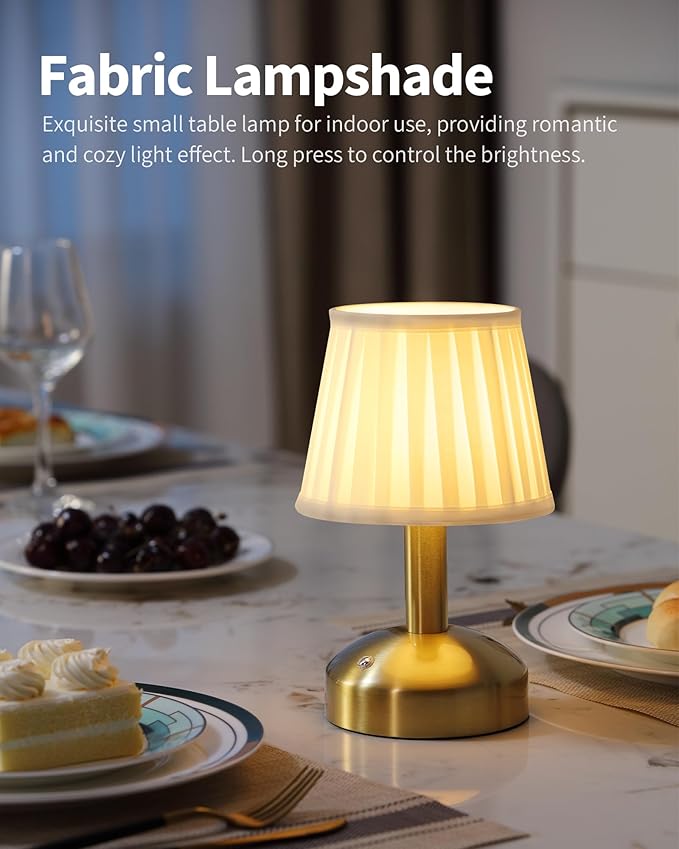 KDG Modern Cordless Small Table Lamp, Portable LED Fabric Shade Desk Lamps, 5000mAh Rechargeable Battery Operated Lighting for Bedroom, Bedside, Bar, Living Room, Dining Room, Night Light(Gold)