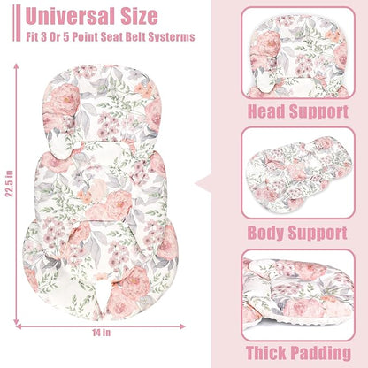 Infant Car Seat Insert, Baby Car Seat Head & Body Support for Newborn, Ultra Soft Reversible Preemie Carseat Insert Cushion for Girls Boys, Fit Car Seat, Stroller, Swing, Bouncer, Pink