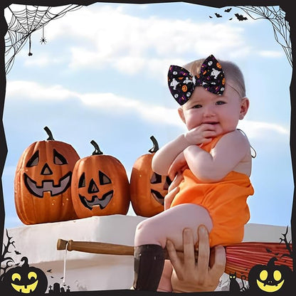 Halloween Baby Knot Ghost Hair Accessories - Headband with Nylon Elastic Bows in Purple and Orange