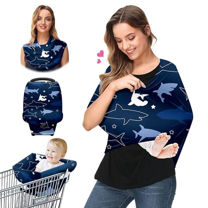 Baby Car Seat Stroller Covers Sharks Nursing Cover Breastfeeding Scarf Soft Breathable Stretchy Infant Car Canopy Coverage Carseat Cover for Boys and Girls Multi Use