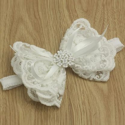 White Baby Bow Headband for Baptism Christening Satin Lace Hair Band with Cross for Toddler (Embroidery Lace white bow with pearl-5, 6 months-2 years old)