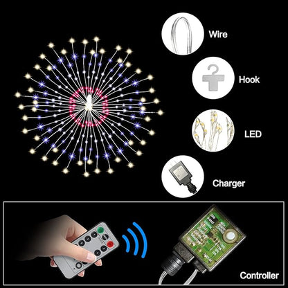 Firework Lights 6 Pack 180 LED Copper Wire Starburst With 8 Models, Power Supply Fairy With Remote Control, Waterproof Outdoor Hanging