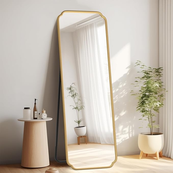 Gold Full Length Mirror with Standing, 65"x22" Rounded Corner Wall Mounted Floor Mirror Leaning Against Wall Dressing Room
