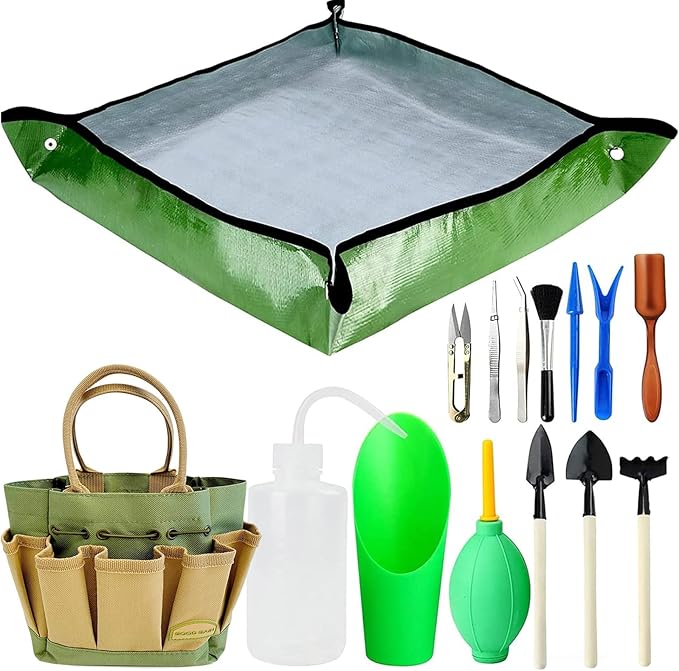 G GOOD GAIN Garden Succulent Kit with Organizer Bag, 15 Pieces Succulent Tools, Indoor Mini Hand Gardening Tools Set with Carrier for Bonsai Planter Miniature Fairy Planting Care(Green)