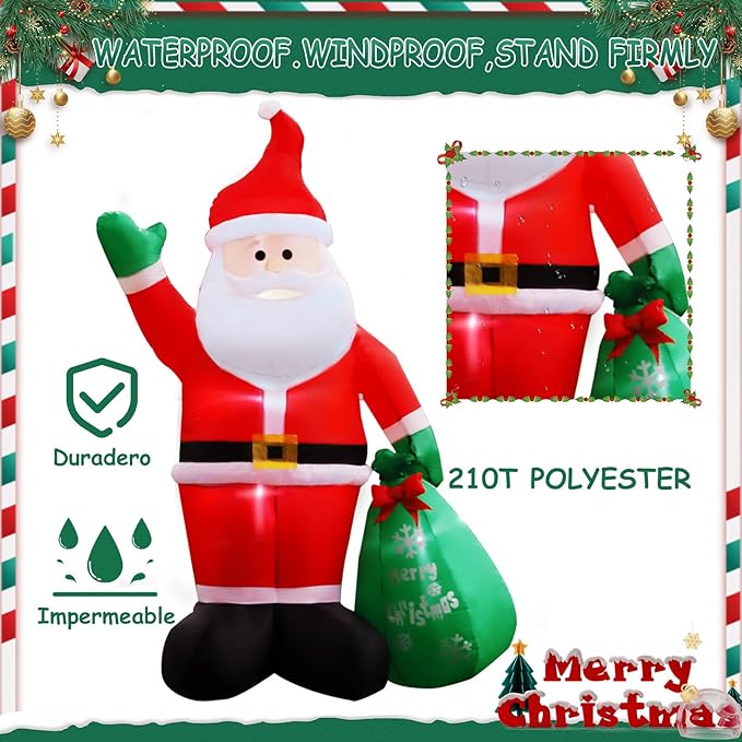 8FT Christmas Inflatables Santa Claus with Gifts Bag Inflatable Christmas Outdoor Decoration IP44 Xmas Blow up Santa Claus with Built-in 4 LED Lights Large Blow up Santa for Outdoor、Indoor、Yard Party