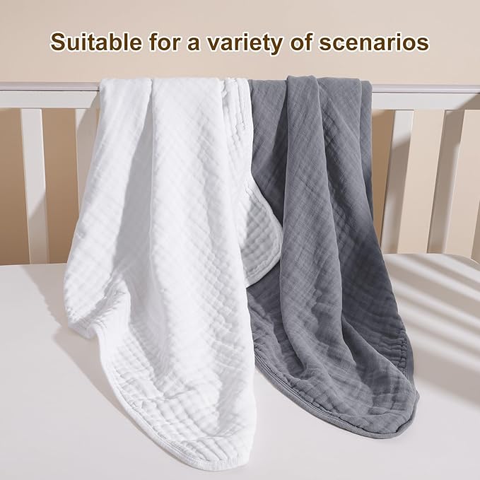 david's kids 2 Pack Hooded Baby Towels, 100% Muslin Cotton 6-Layer Ultra Soft Breathable Absorbent Baby Bath Towels for Infant and Toddler, Newborn Essentials, Large 32x32Inch, White & Grey
