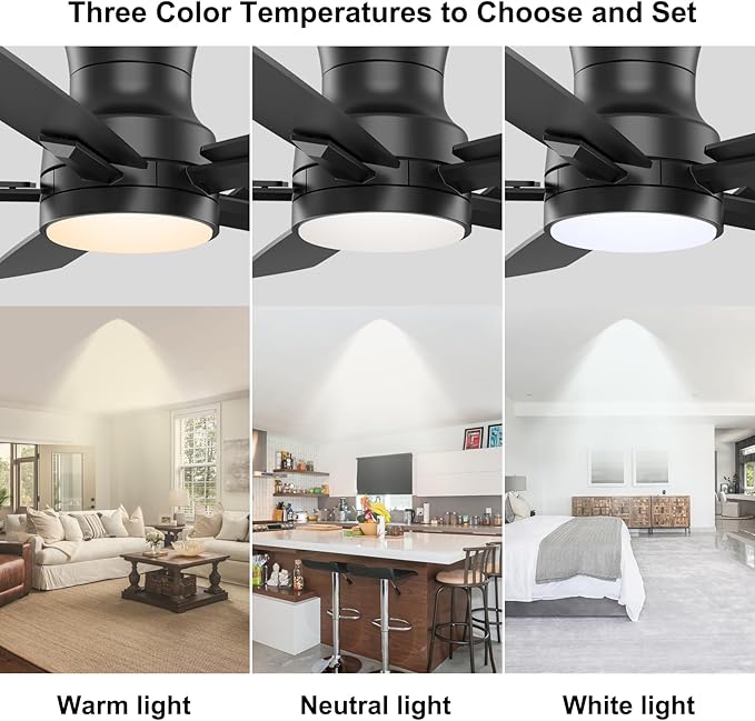YUHAO 42 Inch Flush Mount Black Ceiling Fan with Light and Remote Control.Noiseless,Dimmable,3CCT,6 Speeds Reversible, Low Profile DC Ceiling Fans for Indoor or Covered Outdoor Use,ETL Listed