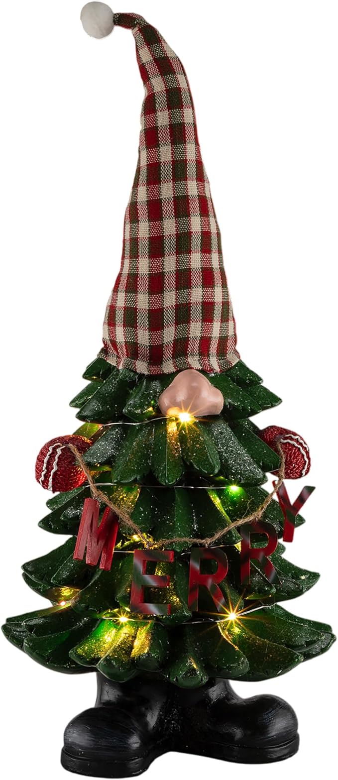 Alpine Corporation 28" Christmas Tree Merry Gnome Statues with Color Changing LED Lights, Holiday Decor