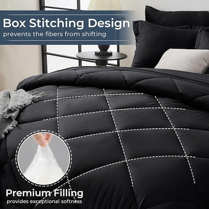 HEVUMYI Black King Comforter Set - 7-Piece All Season Bed in a Bag King, Ultra Soft Bedding Set with Comforter, Flat Sheet, Fitted Sheet, Pillowcases, Pillow Shams, Black