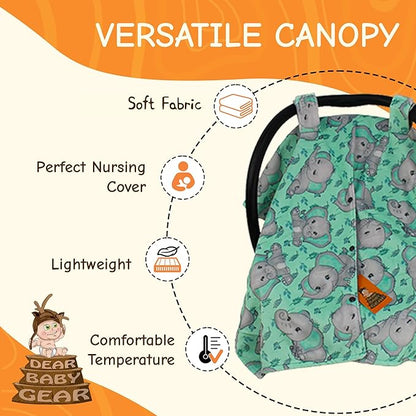 Dear Baby Gear Car Seat Cover for Boys & Girls - Baby Carseat Canopy w/Snap Opening - Infant Seat Cover - Nursing Covers - Newborn Carrier Canopy - 40x30 (Gray Elephants on Mint Foliage - Gray)