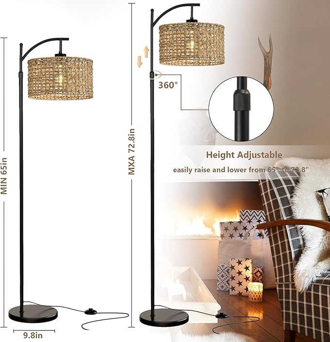 Arc Floor Lamp for Living Room with Remote Control,Farmhouse Boho Floor Lamps with 3 Color Temperature,Rustic Standing Lamp with Rattan Wicker Shades,Adjustable Tall Lamp for Bedroom,Office,Reading