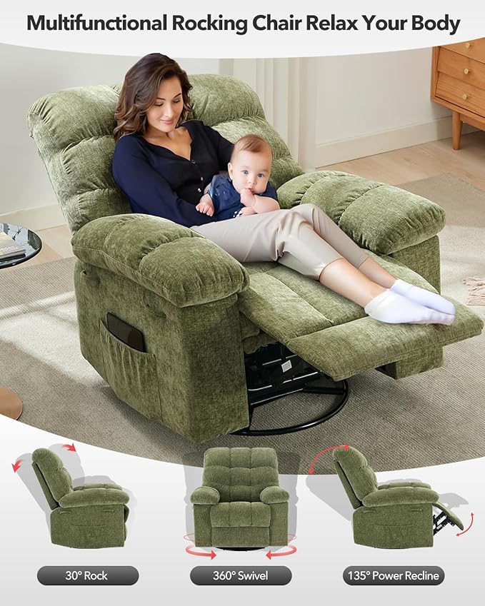 Rocking Recliner Chair,360° Swivel Rocker Chair for Living Room,Upholstered Fabric Glider Nursery Chair with Side Pockets for Small Spaces,Q235 Steel Frame Lazy Boy Recliner Single Sofa(Green)